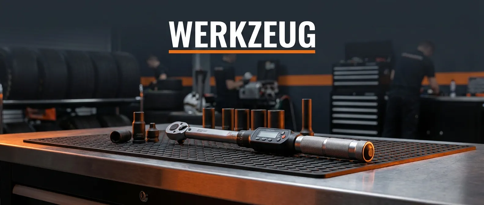 Drehmomentschluessel mit Nuessen auf Werkstattmatte