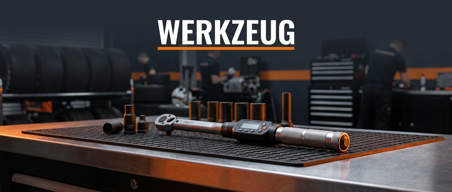 Drehmomentschluessel mit Nuessen auf Werkstattmatte