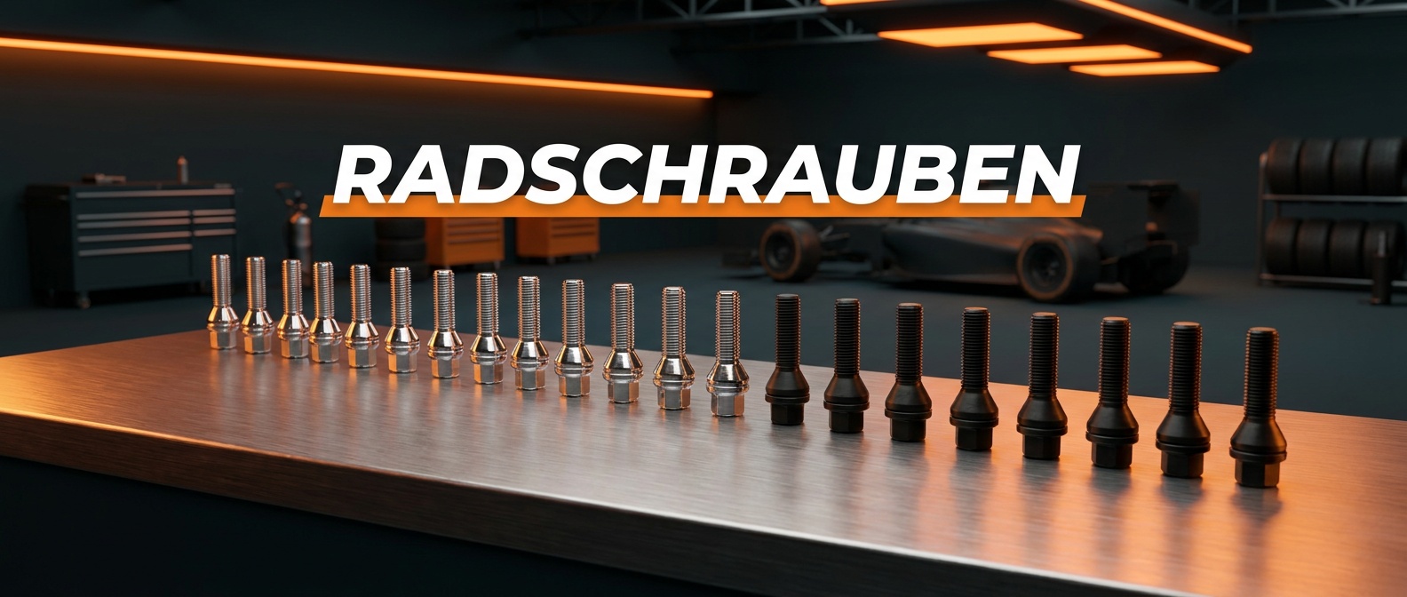 Radschrauben in Silber und Schwarz vor anthrazitfarbenem Hintergrund